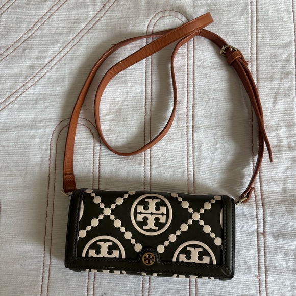 Tory Burch T Monogram Embossed Wallet Crossbody Bag Green Brown GeometricPattern - Picture 7 of 16